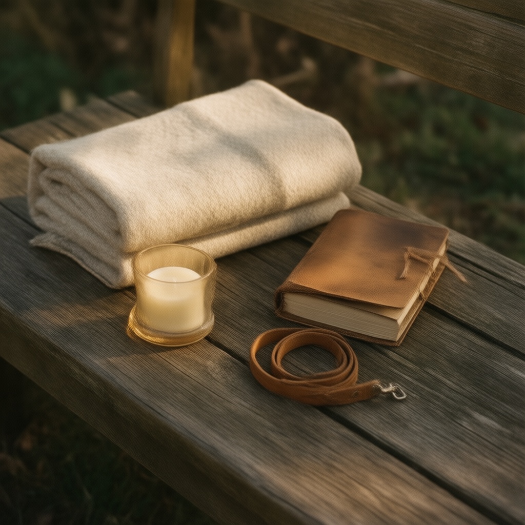 Folded cream wool blanket, beeswax candle, leather journal and coiled tan lead on a worn wooden bench at golden hour